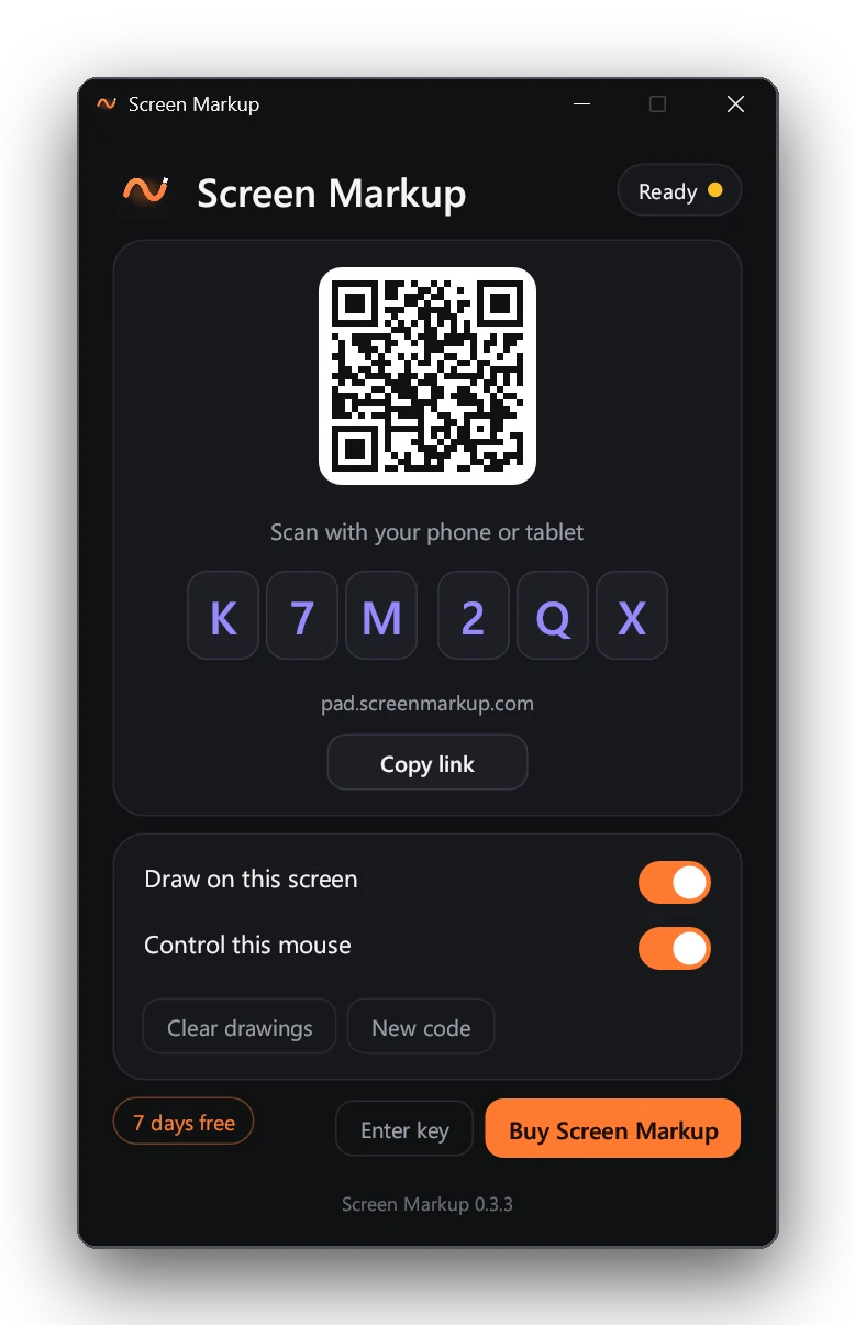 The Screen Markup window on a Windows PC, showing a six-character code and a QR code