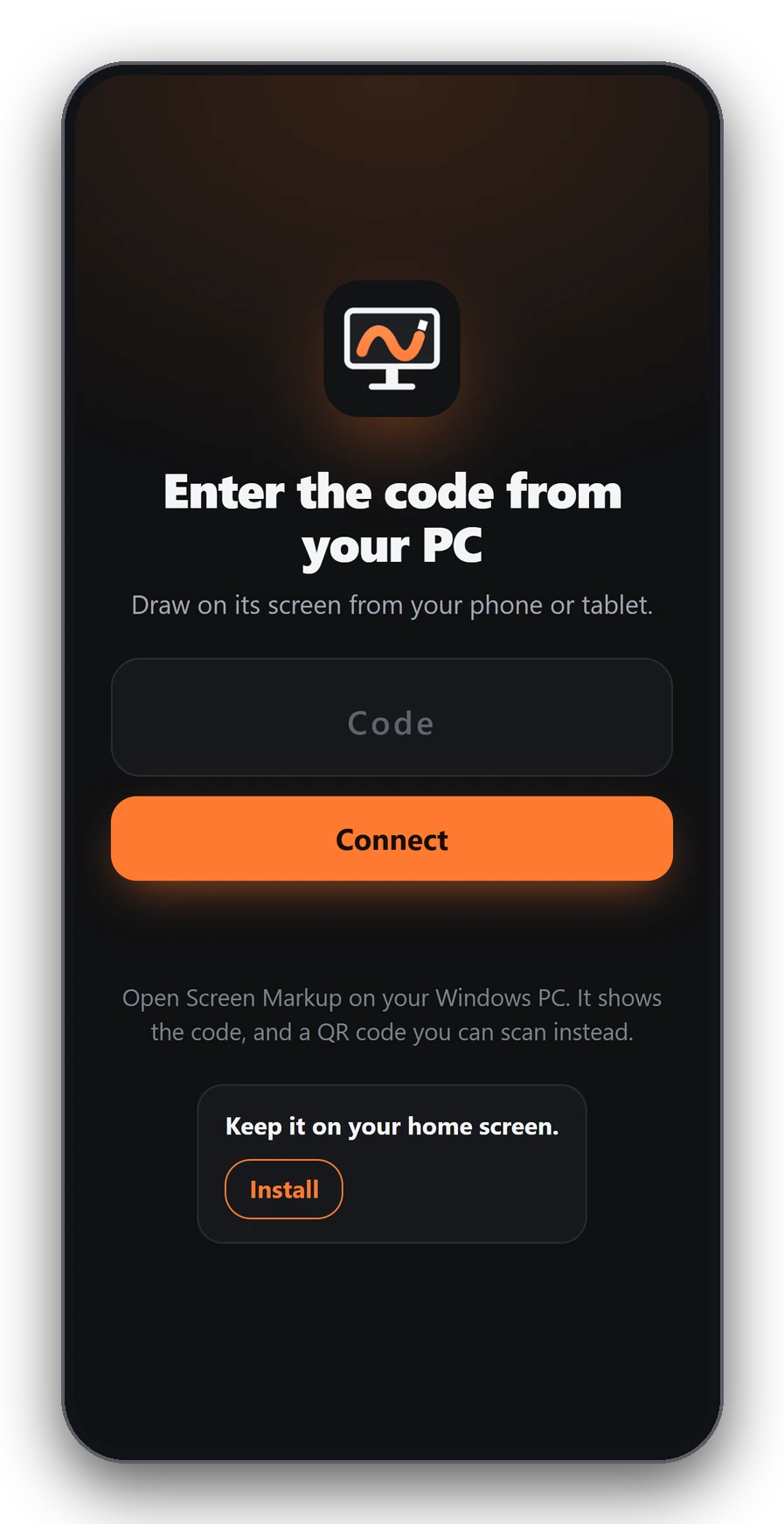 A phone showing the Screen Markup page with a box for the code